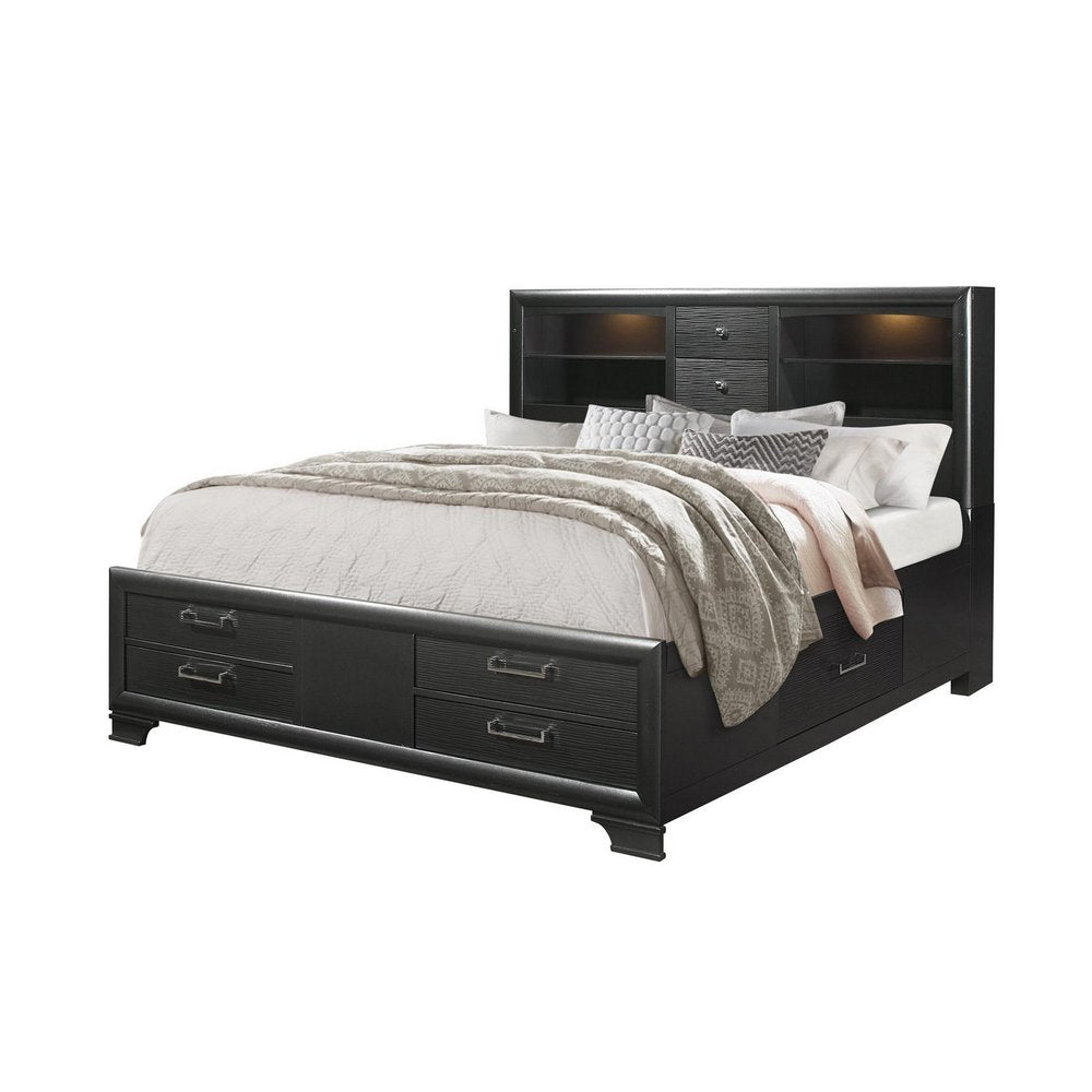 Montrose Gray Solid Wood Queen Bed Frame with Bookcase Headboard and Eight Drawers