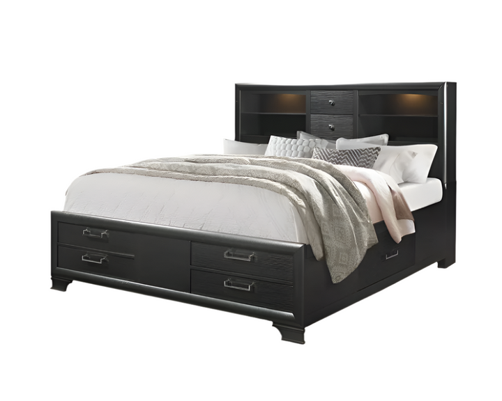 Montrose Gray Solid Wood Queen Bed Frame with Bookcase Headboard and Eight Drawers