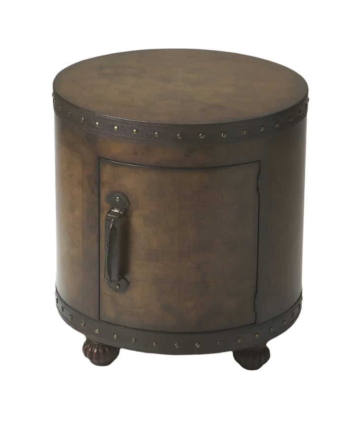 Old World Map Leather and Lacquer Duffel Accent Table with Hidden Storage