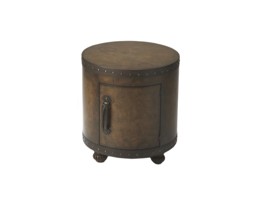 Old World Map Leather and Lacquer Duffel Accent Table with Hidden Storage