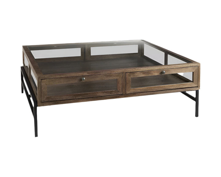 42" Dark Brown Glass and Metal Square Coffee Table With Shelf