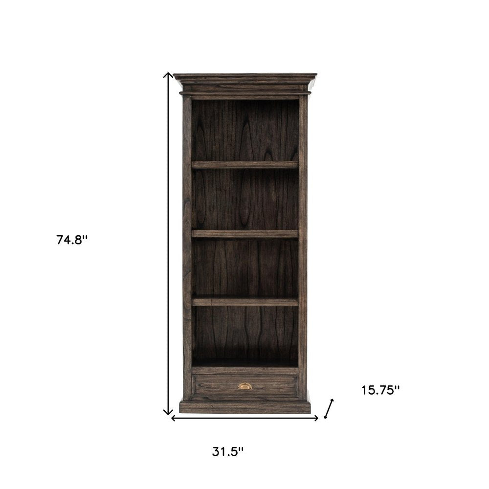 Lenoir 75" Brown and Black Solid Wood Bookcase with Drawer and 4 Tiers