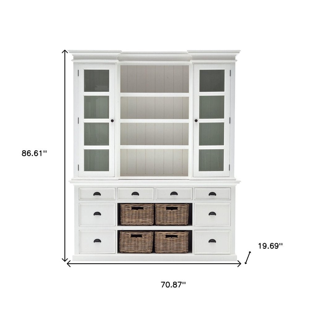 Beaumont 87" White Solid Wood Sideboard Hutch with Glass Doors, Baskets, and 8 Drawers