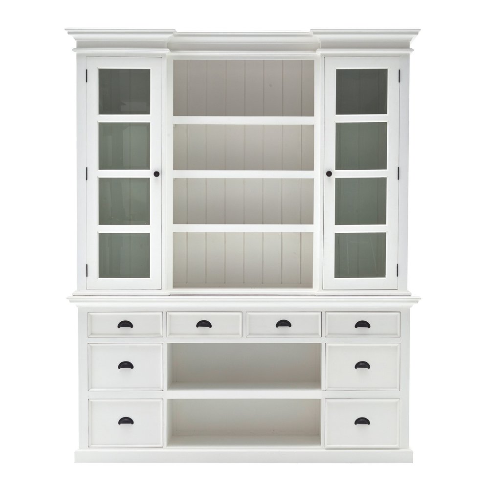 Beaumont 87" White Solid Wood Sideboard Hutch with Glass Doors, Baskets, and 8 Drawers