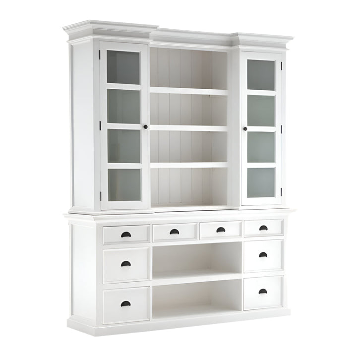 Beaumont 87" White Solid Wood Sideboard Hutch with Glass Doors, Baskets, and 8 Drawers