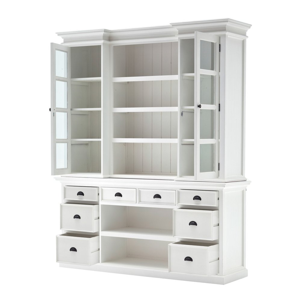 Beaumont 87" White Solid Wood Sideboard Hutch with Glass Doors, Baskets, and 8 Drawers