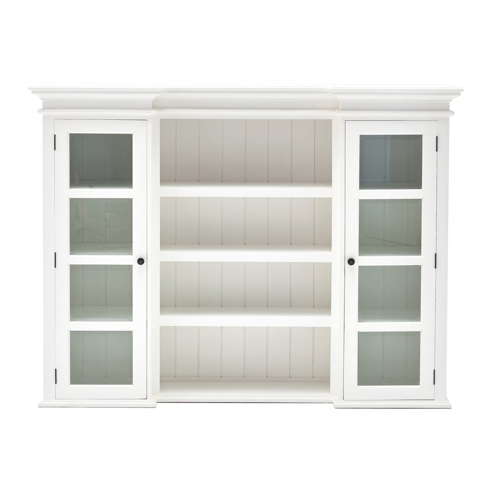 Beaumont 87" White Solid Wood Sideboard Hutch with Glass Doors, Baskets, and 8 Drawers