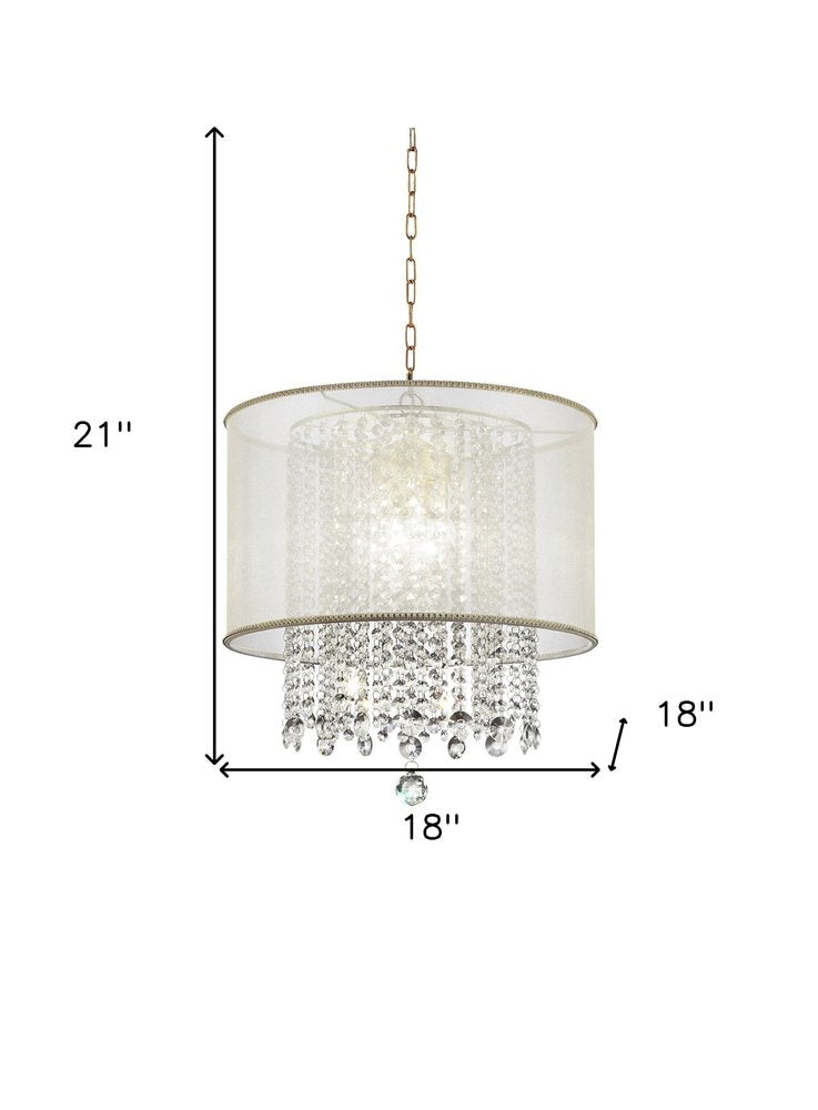 Primo 21" Gold Hanging Ceiling Lamp with Crystal Accents and White Silk Shade