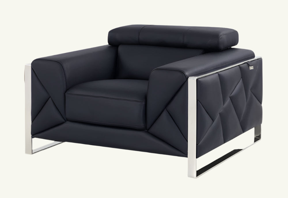 Modena 48" Black Italian Leather Club Chair with Adjustable Headrest and Chrome Base