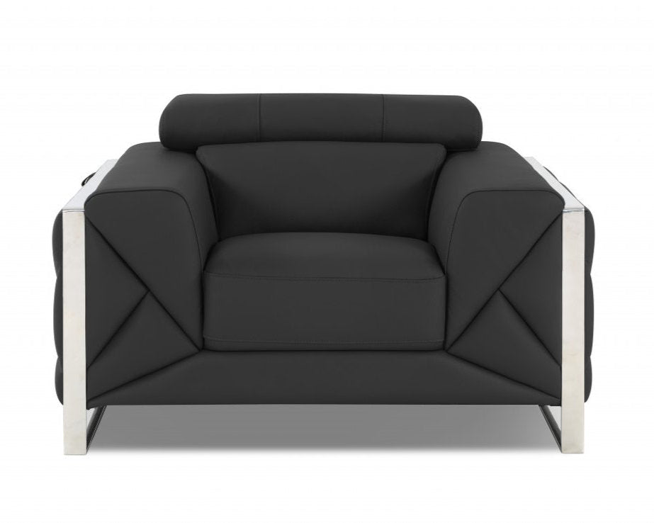 Lorenzo 48" Dark Slate Gray Italian Leather Armchair with White Trim and Square Arms