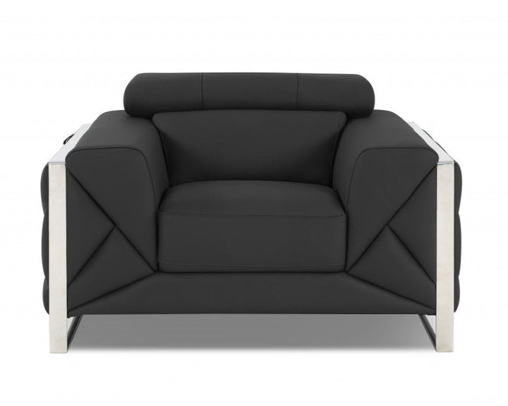 Lorenzo 48" Dark Slate Gray Italian Leather Armchair with White Trim and Square Arms