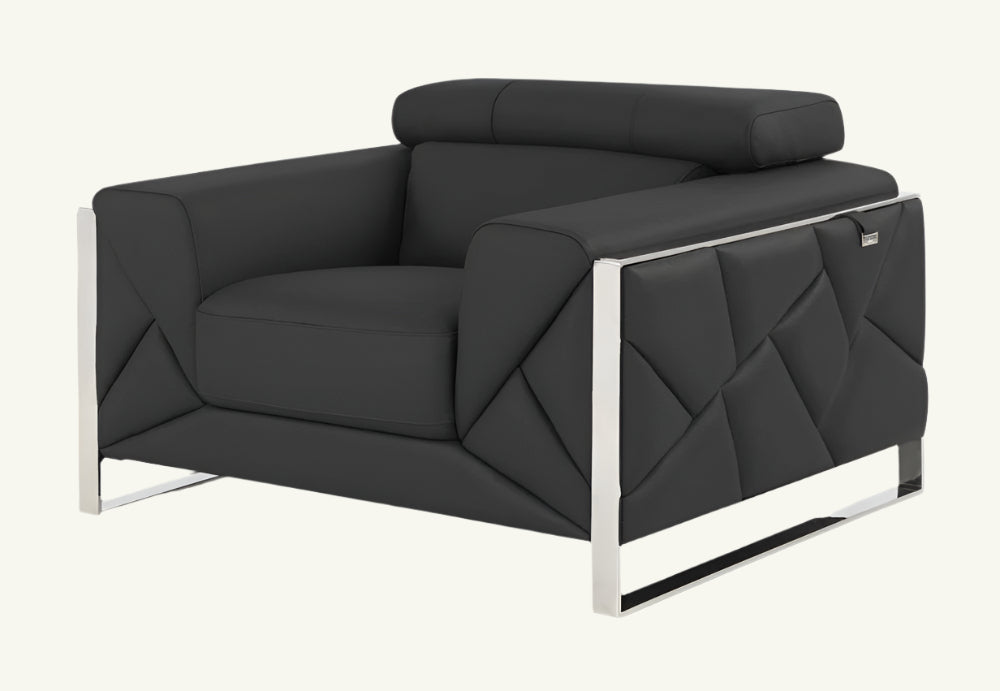 Lorenzo 48" Dark Slate Gray Italian Leather Armchair with White Trim and Square Arms