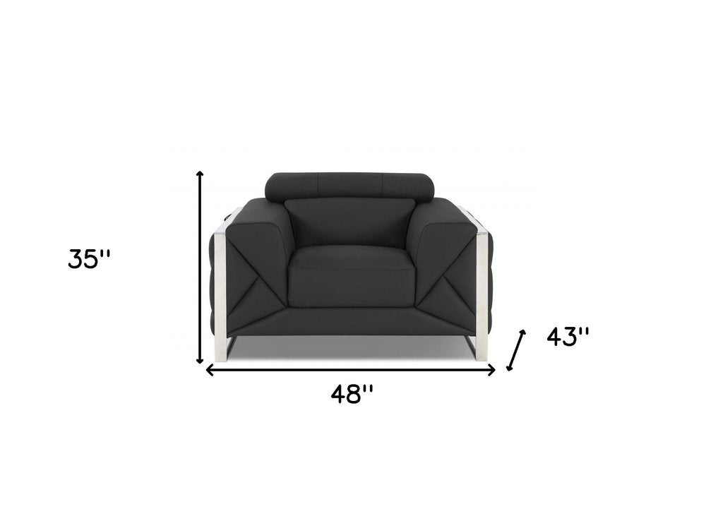 Lorenzo 48" Dark Slate Gray Italian Leather Armchair with White Trim and Square Arms