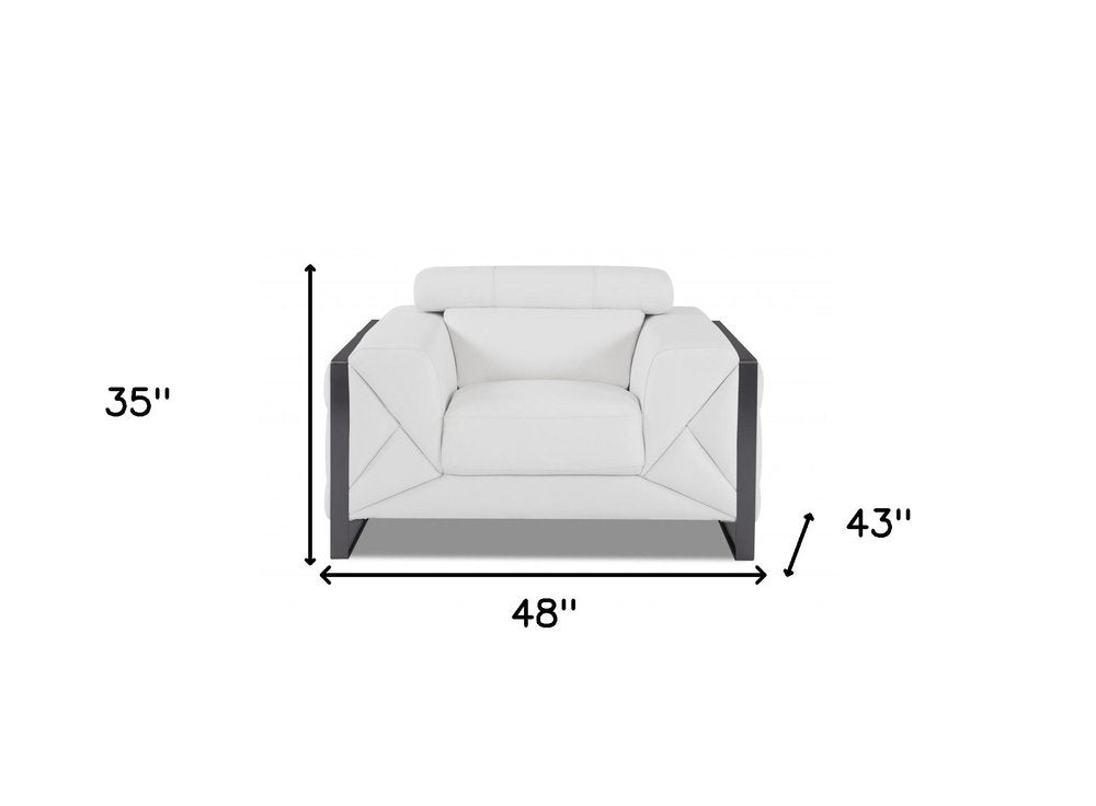 Varese 48" White Italian Leather Armchair with Gunmetal Base and Square Arms