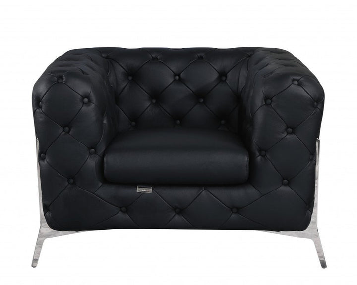 Verona 45" Black Italian Leather Tufted Chesterfield Chair with Silver Accents