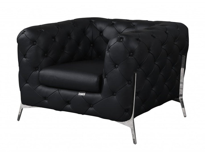 Verona 45" Black Italian Leather Tufted Chesterfield Chair with Silver Accents