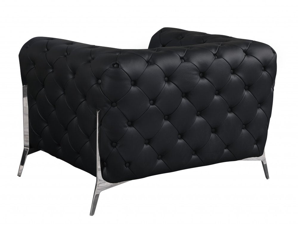 Verona 45" Black Italian Leather Tufted Chesterfield Chair with Silver Accents