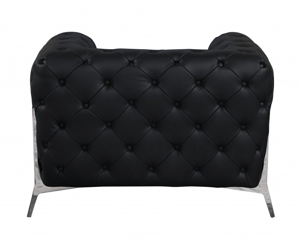 Verona 45" Black Italian Leather Tufted Chesterfield Chair with Silver Accents