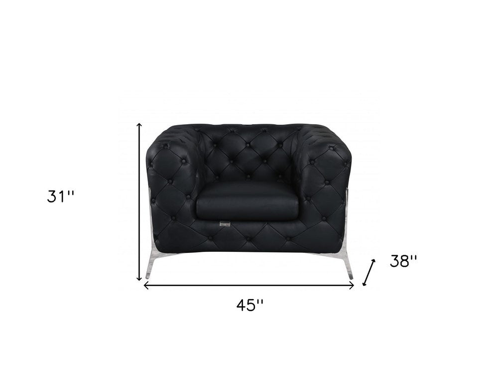 Verona 45" Black Italian Leather Tufted Chesterfield Chair with Silver Accents