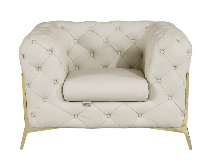 Bellagio 45" Beige Italian Leather Tufted Chesterfield Chair with Gold Legs