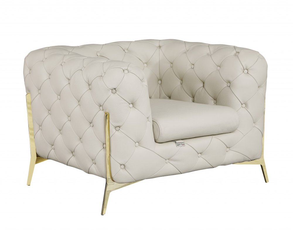 Bellagio 45" Beige Italian Leather Tufted Chesterfield Chair with Gold Legs