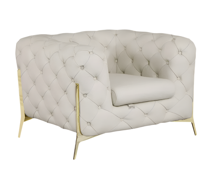 Bellagio 45" Beige Italian Leather Tufted Chesterfield Chair with Gold Legs