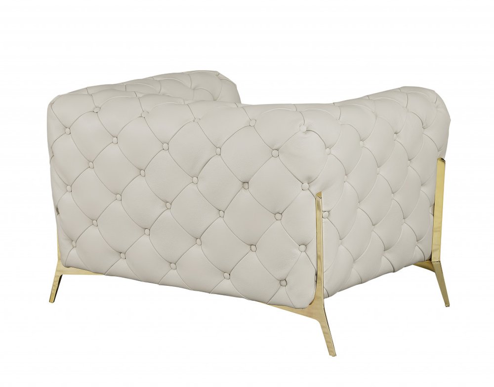 Bellagio 45" Beige Italian Leather Tufted Chesterfield Chair with Gold Legs