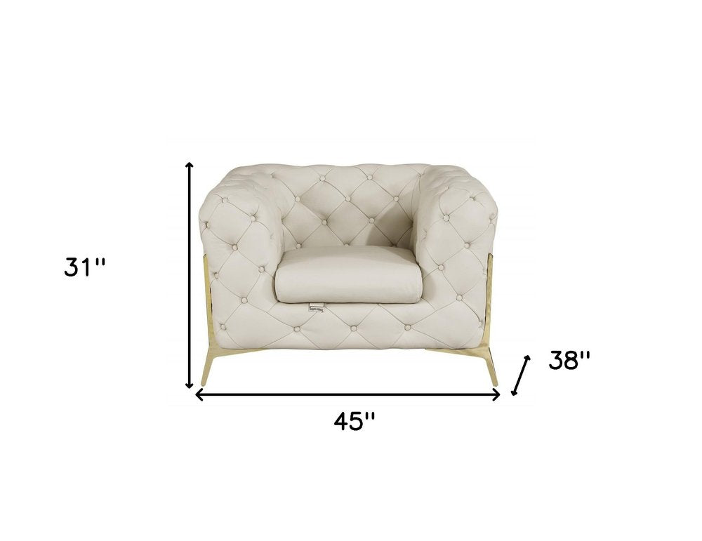 Bellagio 45" Beige Italian Leather Tufted Chesterfield Chair with Gold Legs