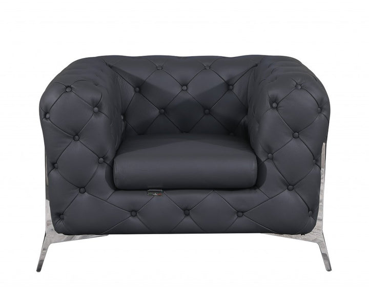 Verona 45" Dark Slate Gray Italian Leather Chesterfield Arm Chair with White Metal Legs