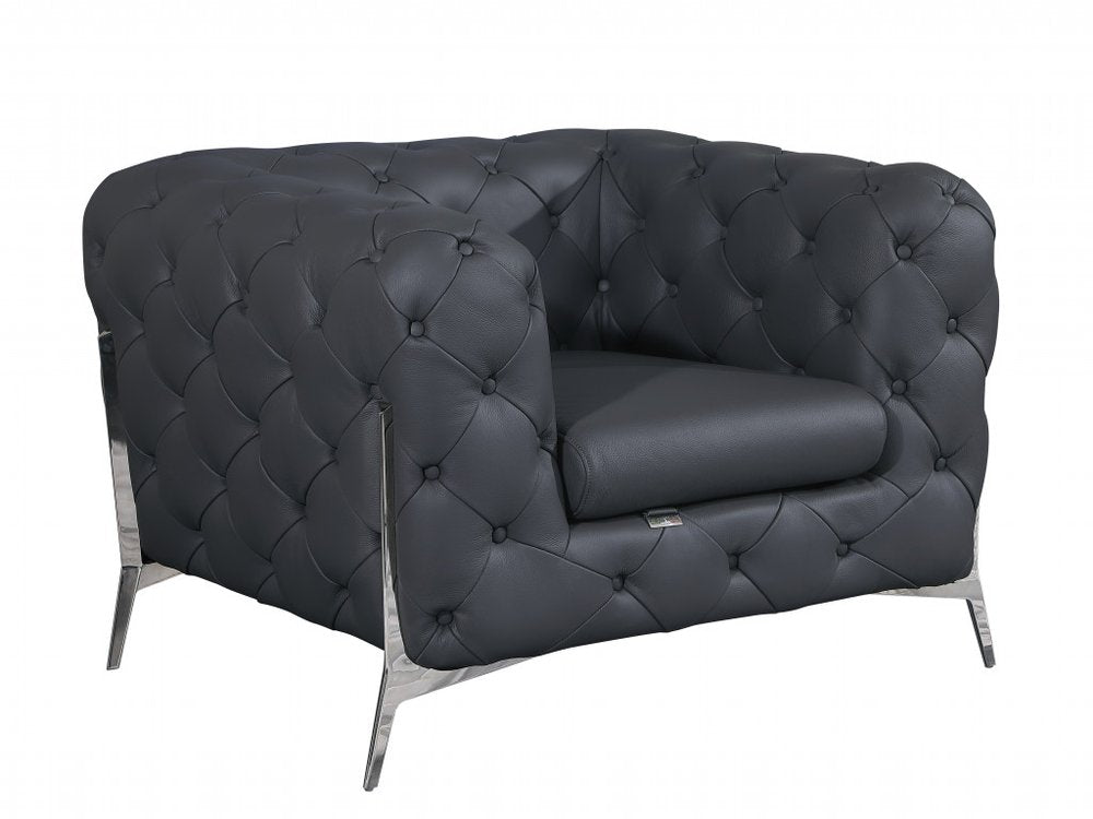 Verona 45" Dark Slate Gray Italian Leather Chesterfield Arm Chair with White Metal Legs