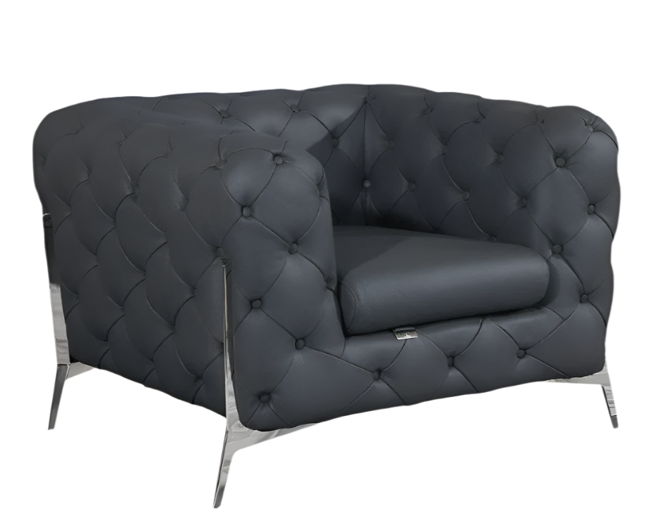 Verona 45" Dark Slate Gray Italian Leather Chesterfield Arm Chair with White Metal Legs