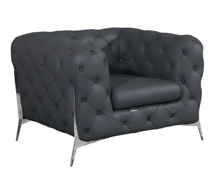 Verona 45" Dark Slate Gray Italian Leather Chesterfield Arm Chair with White Metal Legs