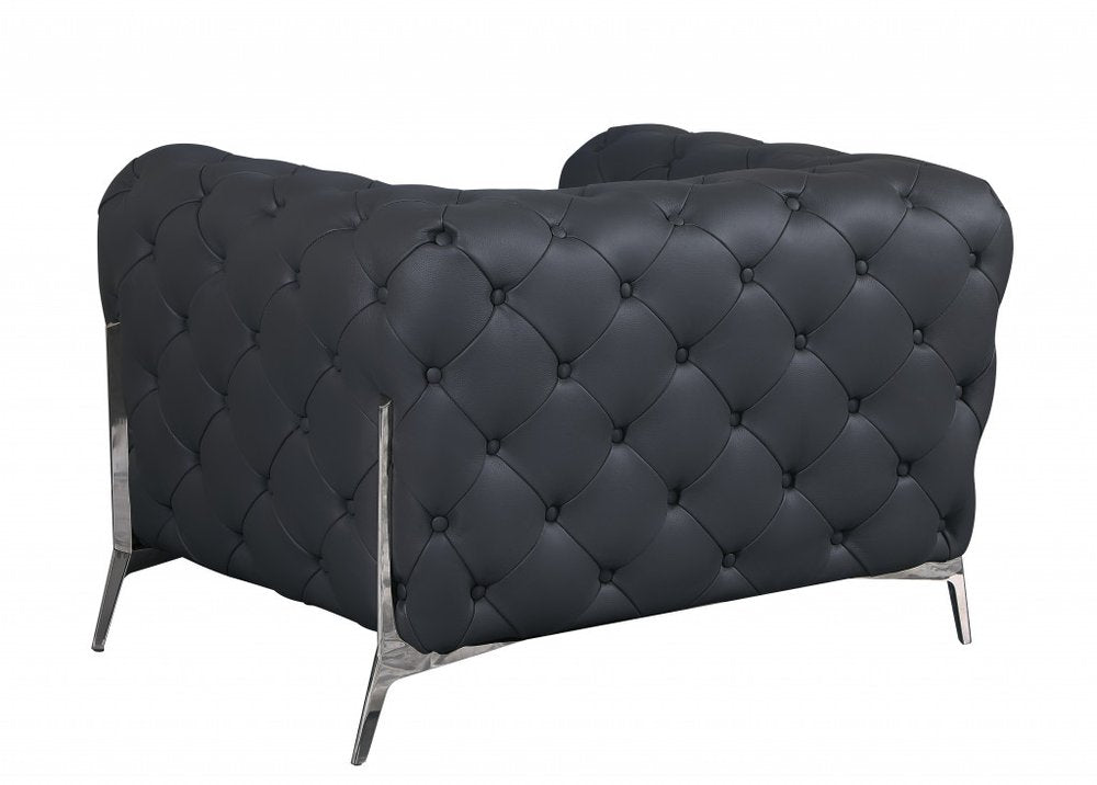 Verona 45" Dark Slate Gray Italian Leather Chesterfield Arm Chair with White Metal Legs