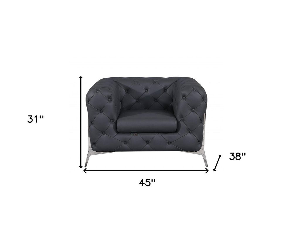 Verona 45" Dark Slate Gray Italian Leather Chesterfield Arm Chair with White Metal Legs