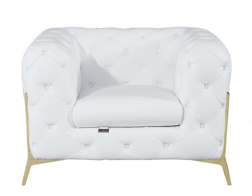 Bellagio 45" White Italian Leather Chesterfield Arm Chair with Gold Accents