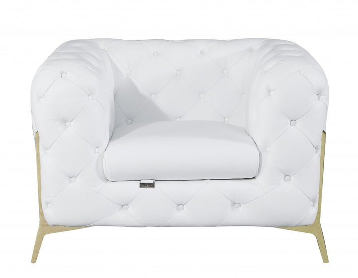 Bellagio 45" White Italian Leather Chesterfield Arm Chair with Gold Accents