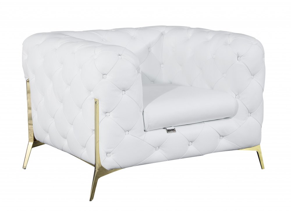 Bellagio 45" White Italian Leather Chesterfield Arm Chair with Gold Accents