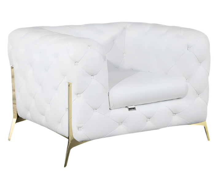 Bellagio 45" White Italian Leather Chesterfield Arm Chair with Gold Accents