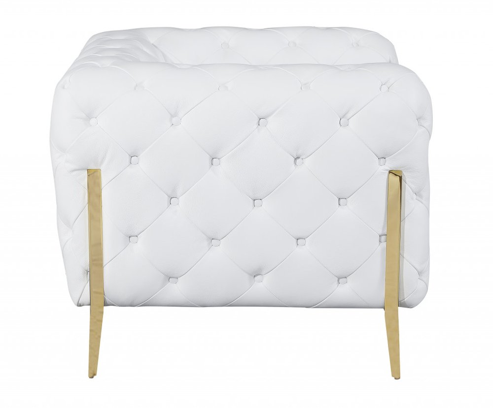 Bellagio 45" White Italian Leather Chesterfield Arm Chair with Gold Accents