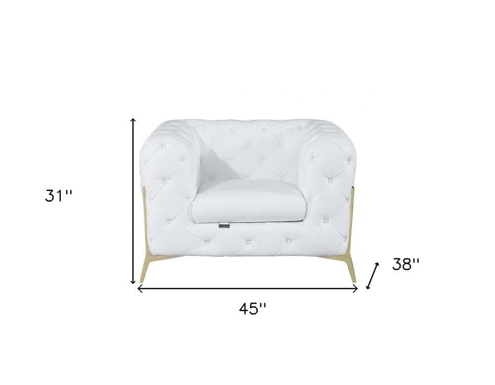 Bellagio 45" White Italian Leather Chesterfield Arm Chair with Gold Accents