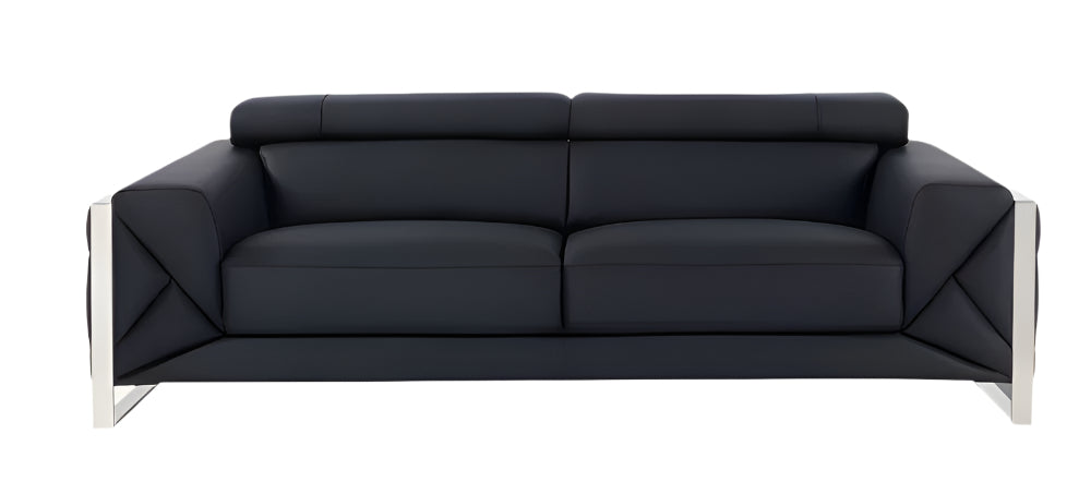 Modena 89" Black Italian Leather Sofa with Chrome Legs
