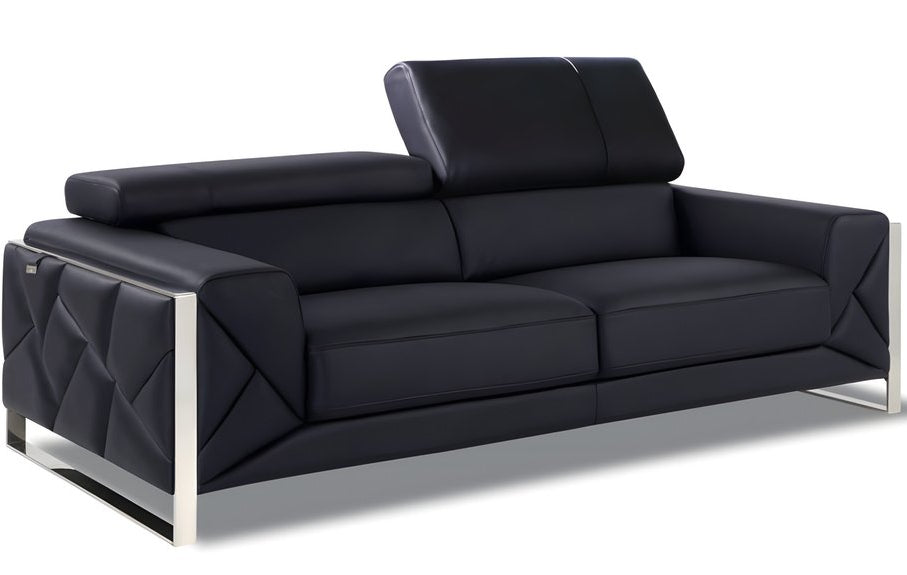 Modena 89" Black Italian Leather Sofa with Chrome Legs