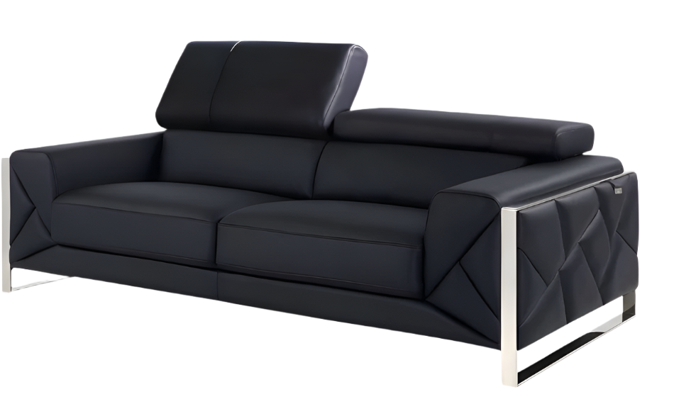 Modena 89" Black Italian Leather Sofa with Chrome Legs