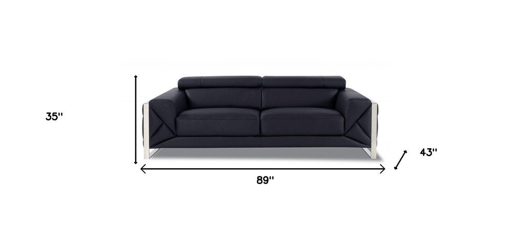 Modena 89" Black Italian Leather Sofa with Chrome Legs