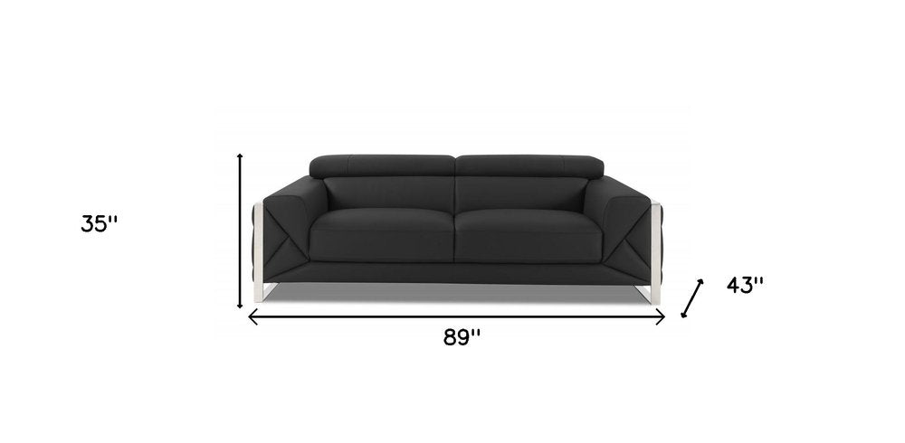 Belluno 89" Dark Gray Italian Leather Sofa with Silver Stainless Steel Legs