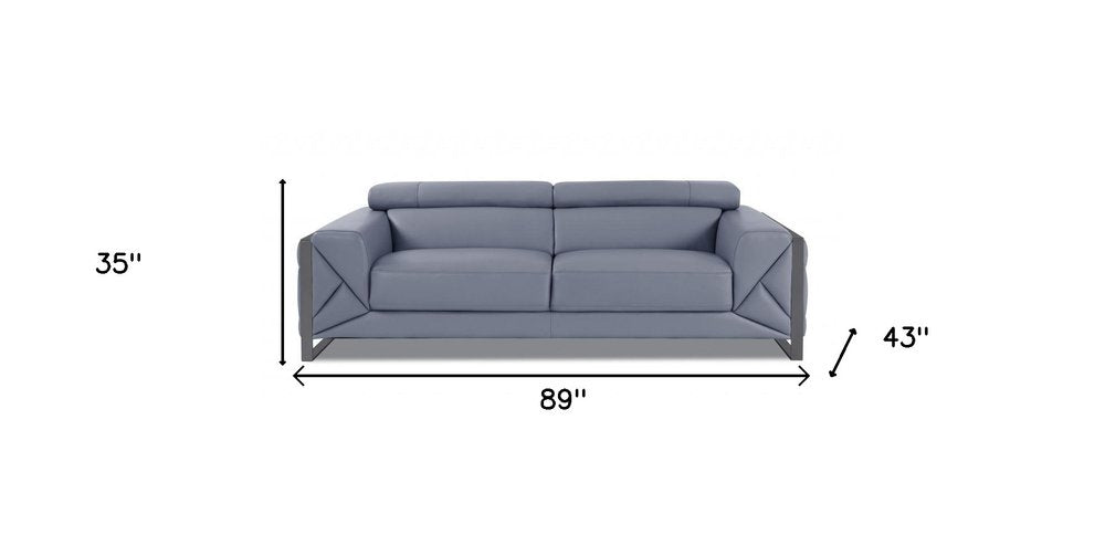 Capri 89" Light Blue Italian Leather Sofa with Chrome Stainless Steel Legs