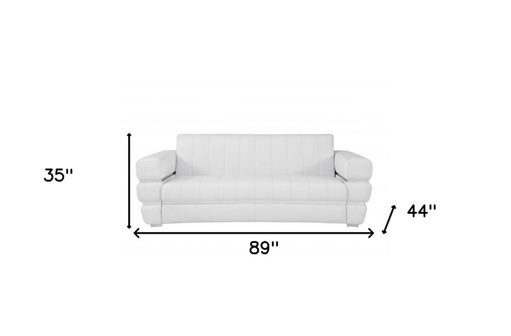 Siena 89" White Italian Leather Sofa with Silver Stainless Steel Legs