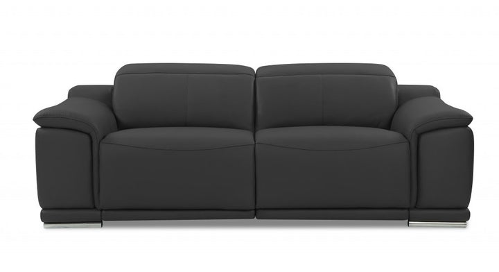 Modena 86" Dark Gray Italian Leather Power Reclining Sofa with USB and Silver Stainless Steel Legs