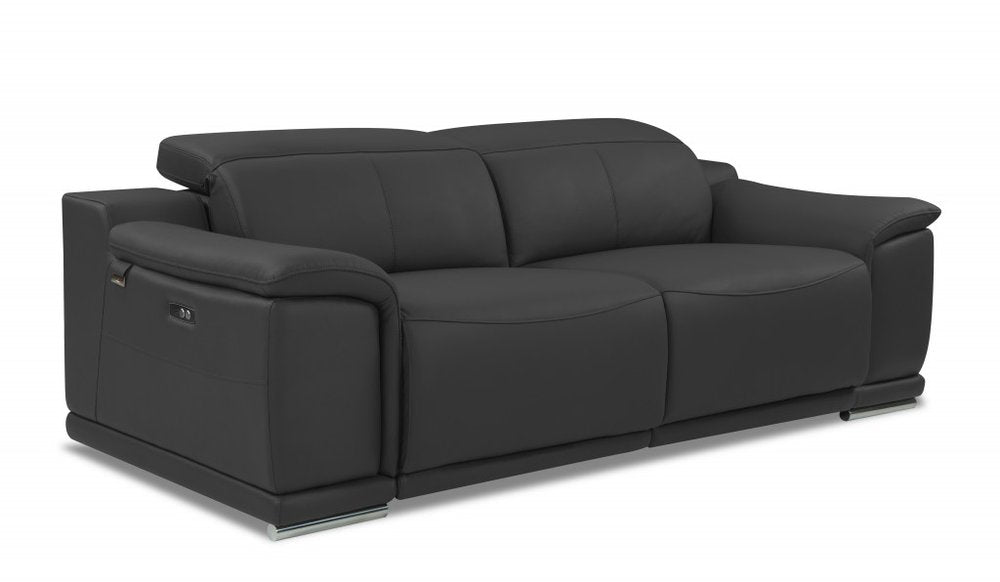 Modena 86" Dark Gray Italian Leather Power Reclining Sofa with USB and Silver Stainless Steel Legs