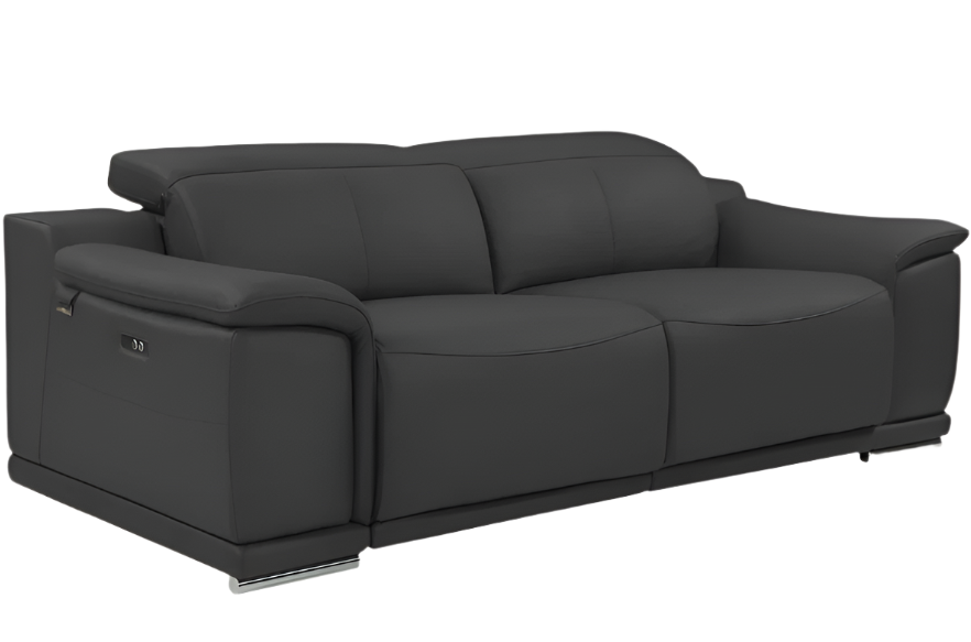 Modena 86" Dark Gray Italian Leather Power Reclining Sofa with USB and Silver Stainless Steel Legs